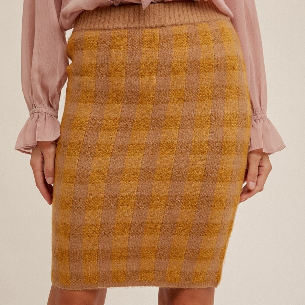 HEM & THREAD Mustard & Taupe Plaid Knit Pencil Skirt, Cozy Checkered Boutique
